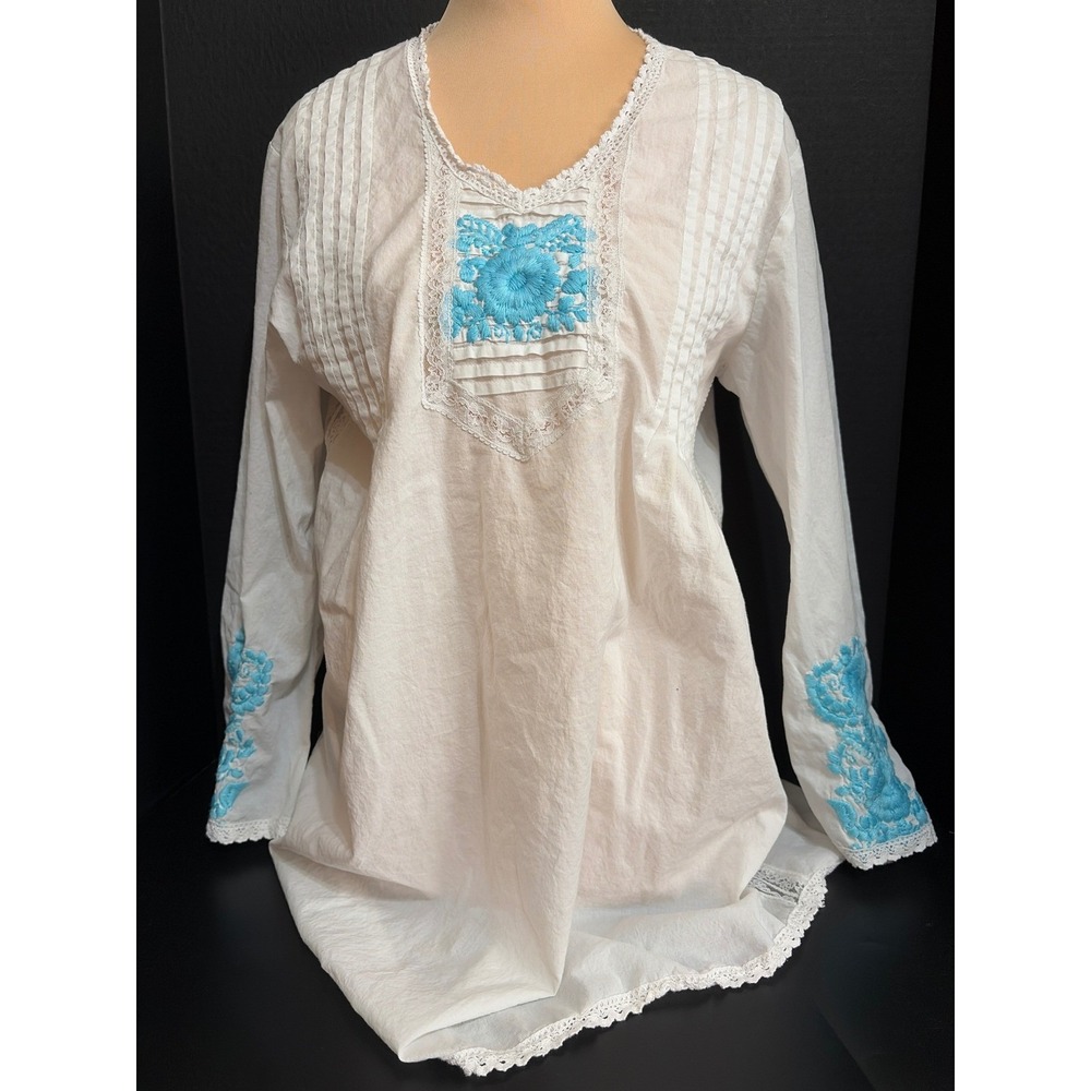 Tasha Polizzi White Cotton Embroidered Lace Pin Tuck Tunic Sm Top Peasant Boho